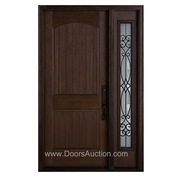 Fiberglass door Mahogany Grain Rustic Dark Brown Blackburn Wrought iron