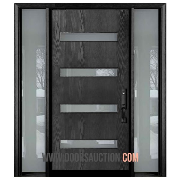 Modern Fiberglass single door with two sidelites Dark grey